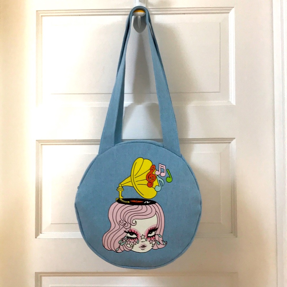 NWOT Valfré shoulder bag light blue canvas Record Store Day Gramaphone girl